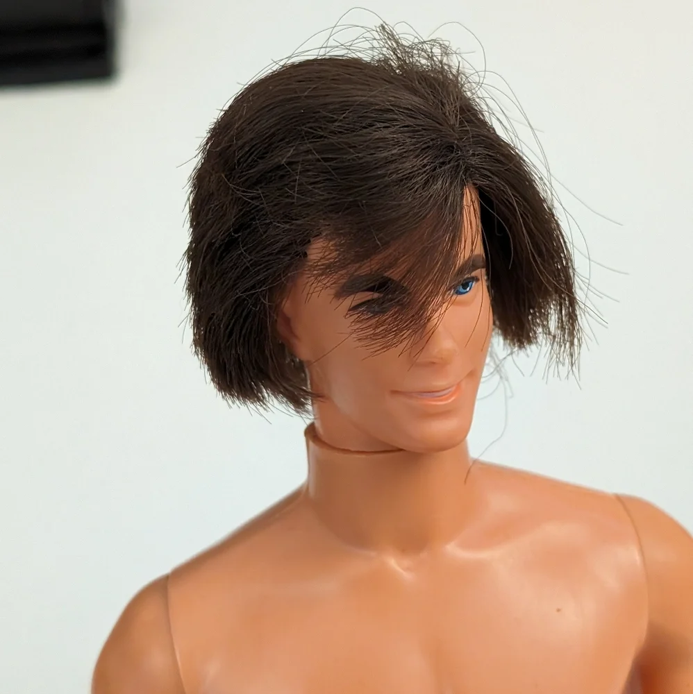Vintage Ken Doll Rooted Dark Brown Hair Blue Eyes, 1968 with hand knit sweater